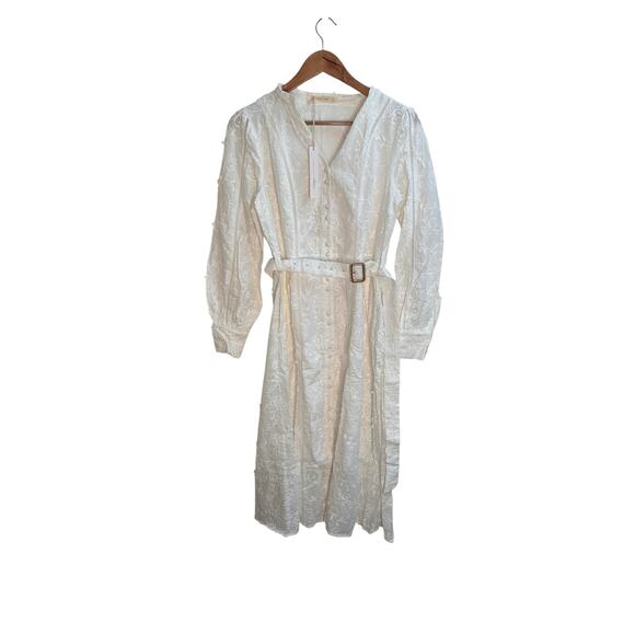FRIEEAH White Embroidered Long Sleeve Belted Midi Dress Boho NWT - Picture 5 of 8